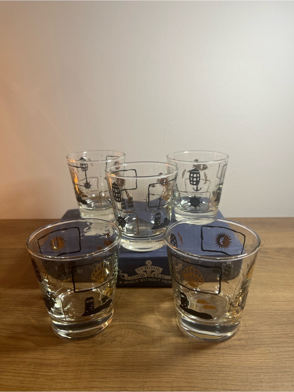MCM Set of 5 Vintage Clear Glasses with Gold and Black Nautical Motifs